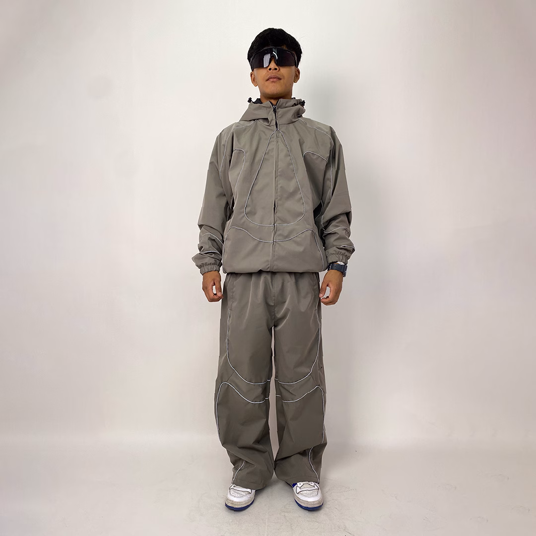 Infinity Piping Windbreaker Set – Glow-in-the-Dark Streetwear (Light Brown) 4 Infinity Piping Windbreaker Set – Glow-in-the-Dark Streetwear (Light Brown) - Image 4