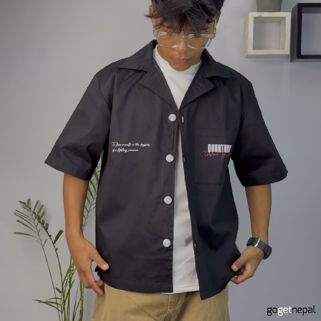 Printed Cuban Shirt: Dual Print, Crop & Regular Fit Black - Image 2