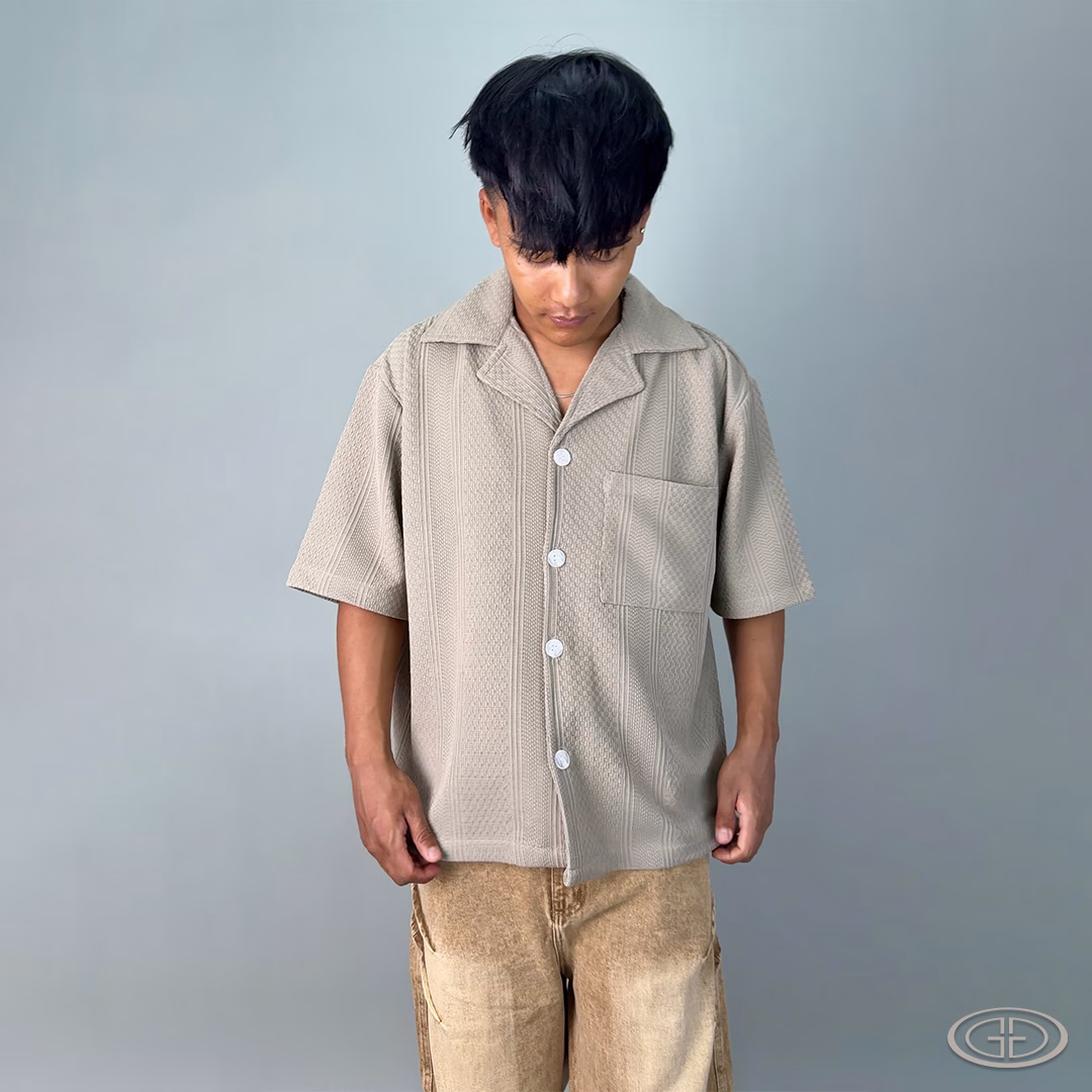 Vintage Cuban Shirt: Textured Cotton Jacquard & Wrinkle-Free (Beige) 2 high premium quality old money textured buttoned shirt