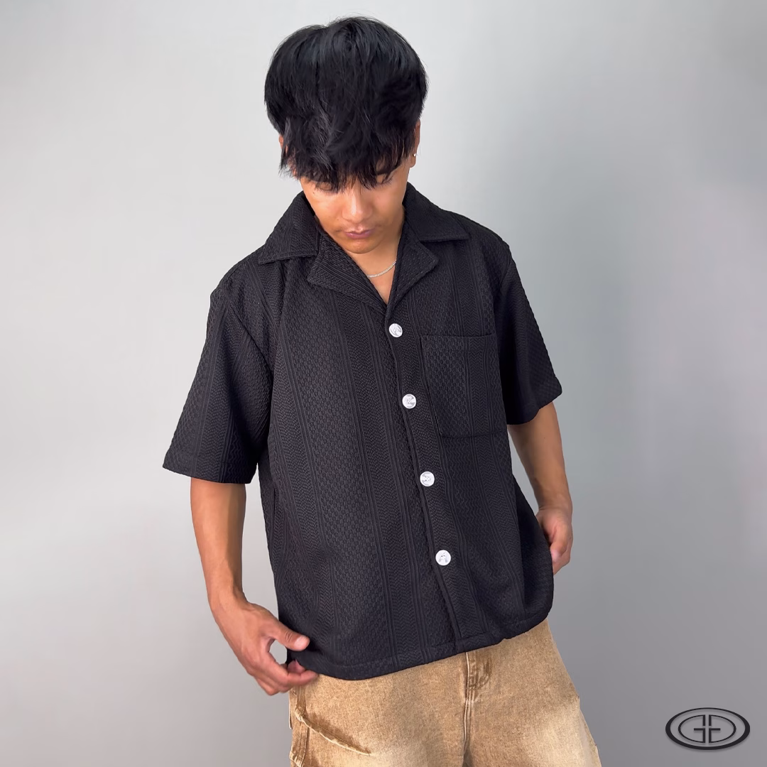 Vintage Cuban Shirt: Textured Cotton Jacquard & Wrinkle-Free (Black) 2 cuban collar textured jacquard premium high quality fabric shirt black