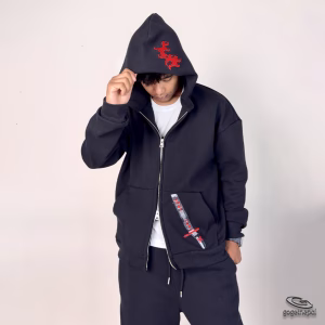 Demon Slayer Hoodie Black – Soft Velvet Inside, Embroidered, Two-Way Zipper
