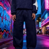 Drip hoodie & grunge trouser set navy blue with polar fur inside
