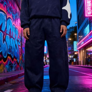 Drip hoodie & grunge trouser set navy blue with polar fur inside