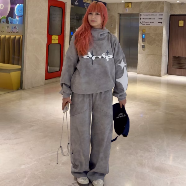 Drip Hoodie & Grunge Trouser Set Grey with Polar Fur | Winter Streetwear