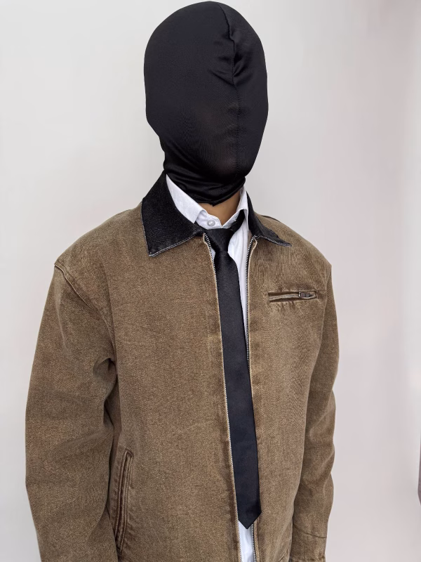 Brown Mac World Denim Jacket with JIRA wash, contrasted collar and spiral-printed inner layer