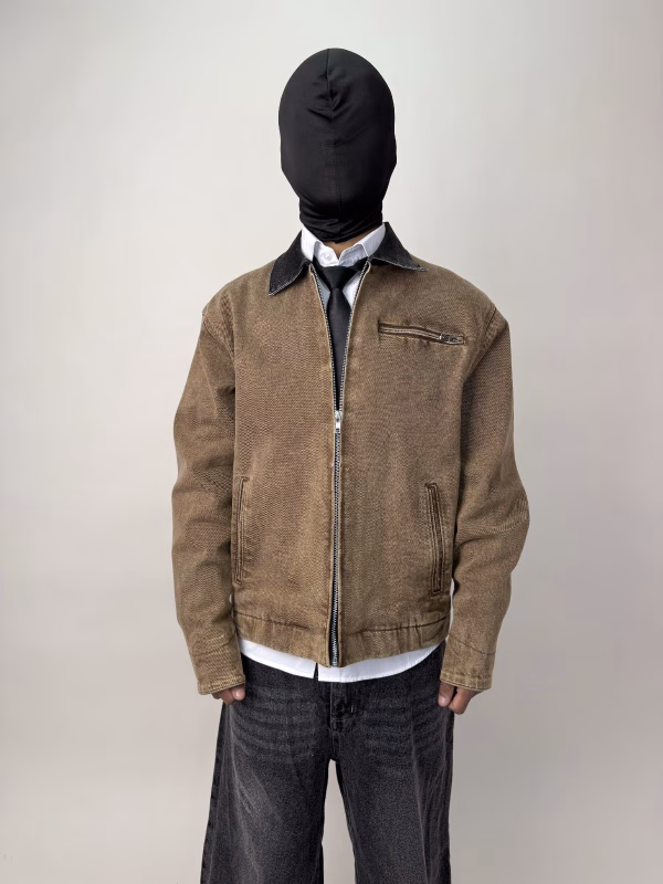 Brown Mac World Denim Jacket with JIRA wash, contrasted collar and spiral-printed inner layer