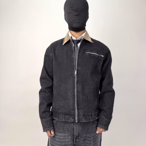 Black Mac World Denim Jacket with JIRA wash, contrasted collar and spiral-printed inner layer