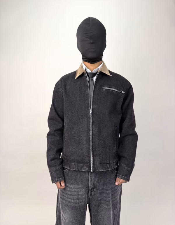 Black Mac World Denim Jacket with JIRA wash, contrasted collar and spiral-printed inner layer