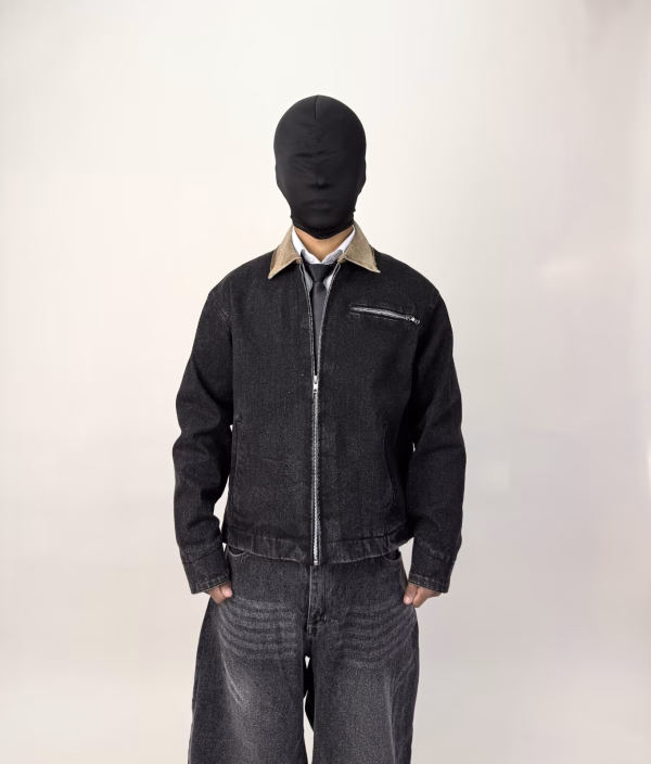 Black Mac World Denim Jacket with JIRA wash, contrasted collar and spiral-printed inner layer