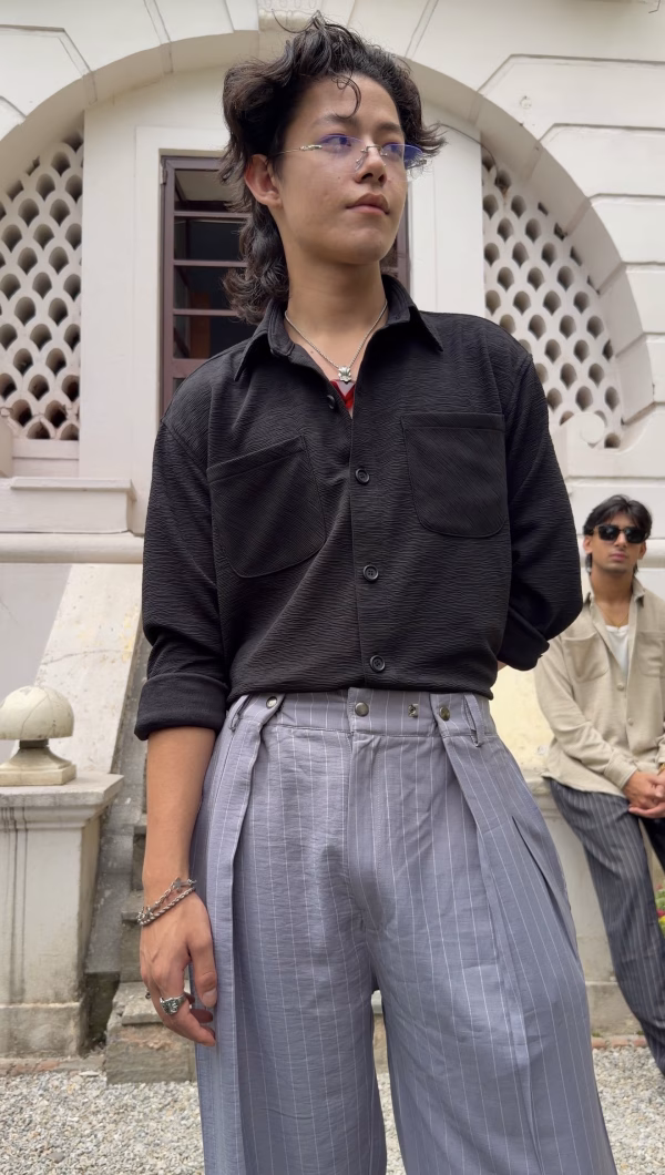 Grey Striped Balloon Silhouette Pleated Trouser – Premium Streetwear Bottomwear