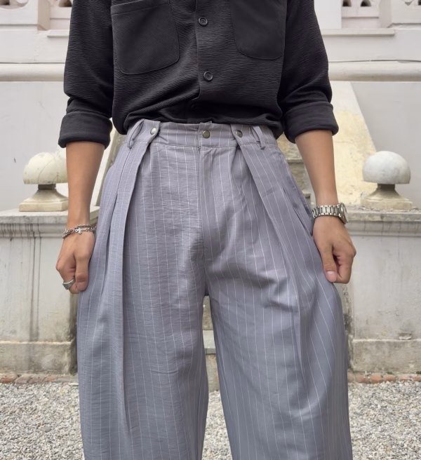 Grey Striped Balloon Silhouette Pleated Trouser – Premium Streetwear Bottomwear